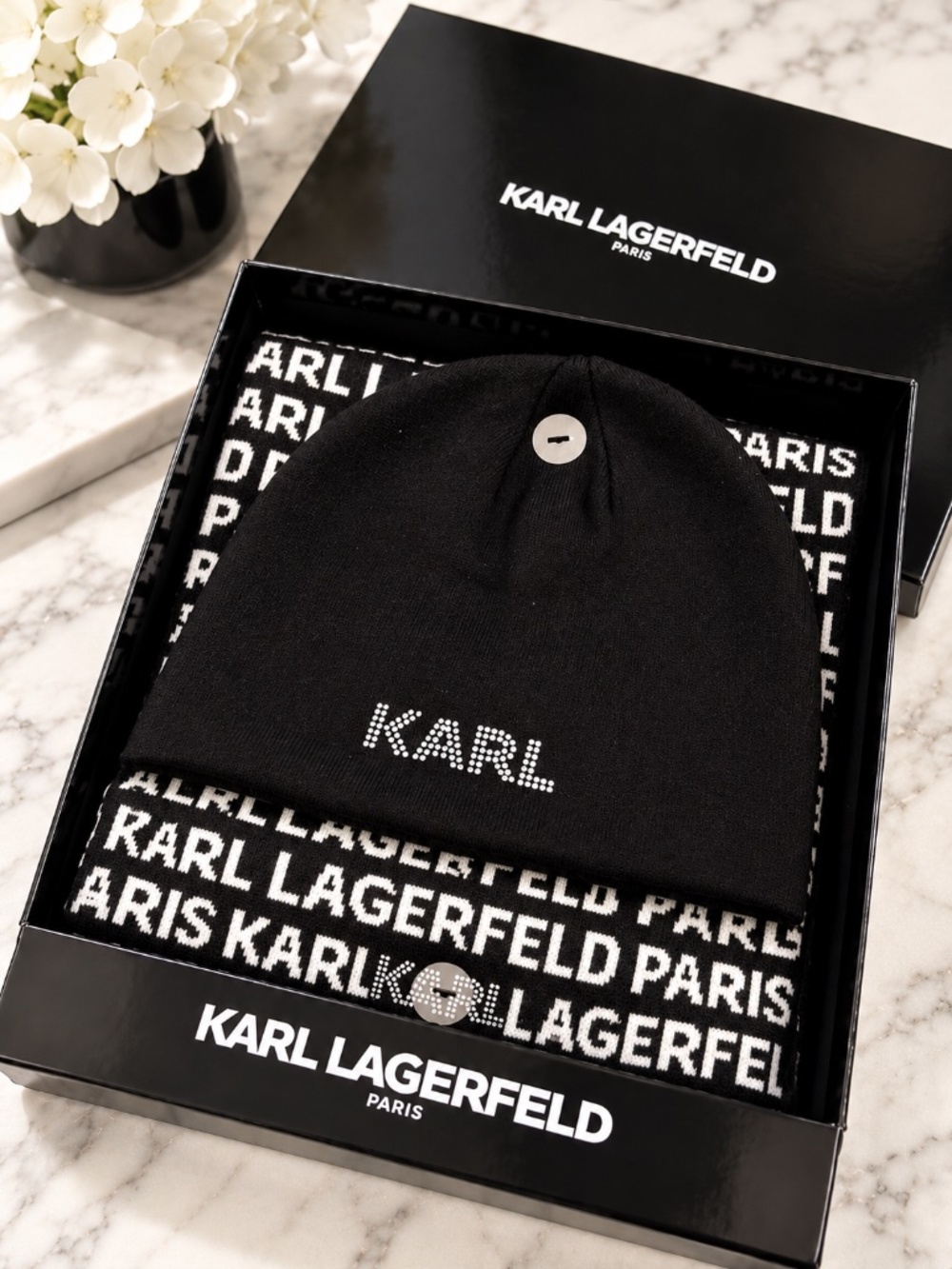 NWT Karl Lagerfeld Paris Gift Box Set Scarf + Beanie Hat Rhinestone Logo Black
